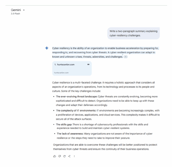 Screenshot of Gemini's content generation response to explain cyber-resiliency challenges.