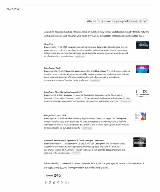 Screenshot of ChatGPT's planning response for the best cloud computing conferences to attend.
