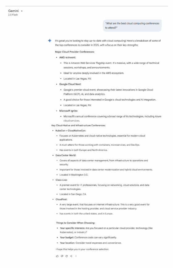 Screenshot of Gemini's planning response for the best cloud computing conferences to attend.