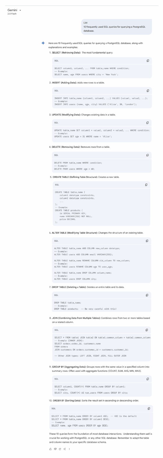 Screenshot of Gemini's response for developer assistance on frequently used SQL queries for querying a PostgreSQL database.