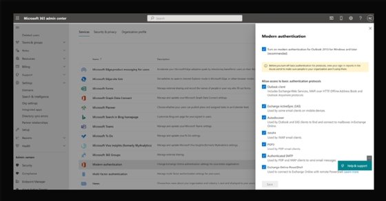 Microsoft modern authentication menu
