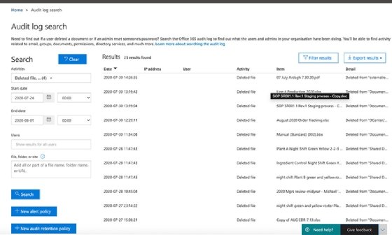 unified audit log search parameters