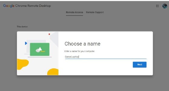 The name selection portal for the remote access Chromebook