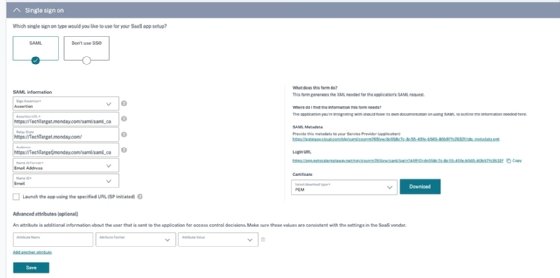 The SSO setup options for SaaS apps in Citrix Workspace
