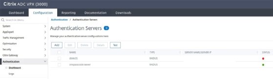 The authentication status of the Citrix servers displayed on the dashboard.
