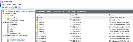 The error logs listed within the Citrix Delivery Services showing the level of the log, the time of the event and the source.