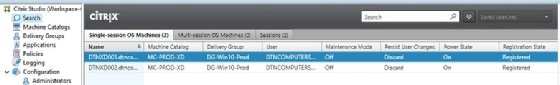 The Citrix Studio interface showing the machines, sorted by the type of OSes.
