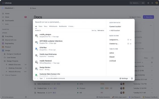 Screenshot of ClickUp 3.0's universal search feature.
