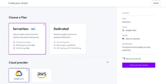 Screenshot of Cockroach Labs deployment options dashboard.