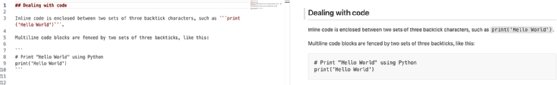Screenshot of inline and fenced code in Markdown.