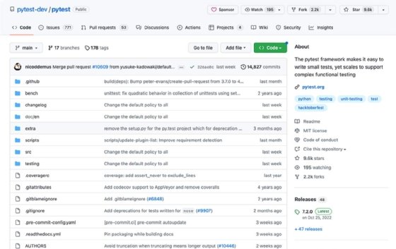 Screenshot of the Pytest codebase GitHub repository.