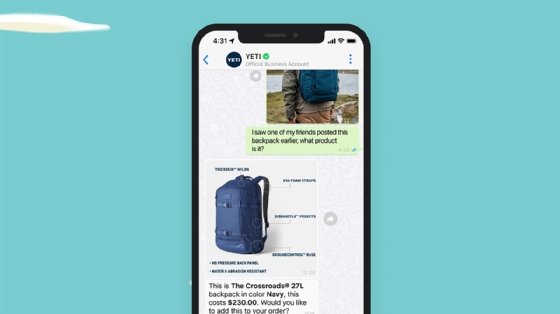 Screenshot of Salesforce's Commerce Concierge generative AI assistant helping an online shopper identify a backpack from a photograph.