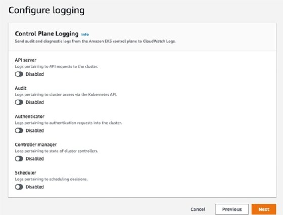 Configure logging options with switches to enable API server, audit, authenticator, controller manager and scheduler.