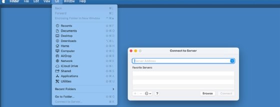 The Go menu allowing the user to open the Connect to Server interface.