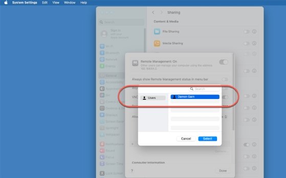 The interface to define one or more users who are allowed to access the system remotely.