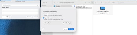 The screen sharing type set to High Performance for the VNC connection.