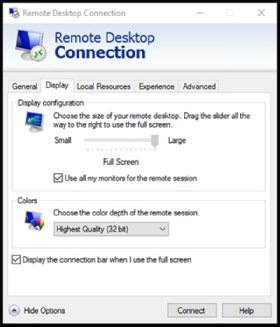 Screenshot of the display setting of the Remote Desktop Connection agent.