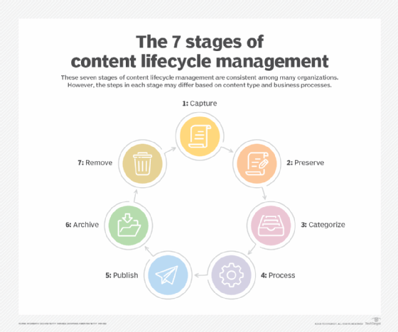 Circular flowchart of the 7 content lifecycle management stages: capture, preserve, categorize, process, publish, archive, remove.