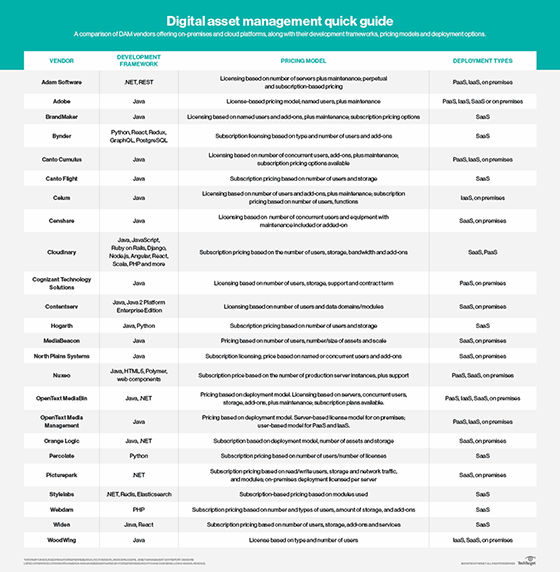 DAM vendor deployment models,developer frameworks and licensing