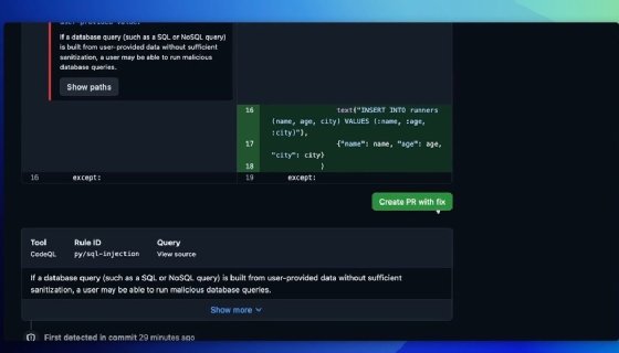 A screenshot of a video demonstration of Copilot Autofix shows how it generates a remediation for an existing alert about a SQL injection vulnerability.