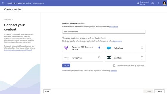 Screenshot of Microsoft Copilot for Service creating connections to data from third-party applications and Microsoft Dynamics 365.