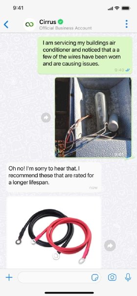 Screenshot of a text message exchange between a customer who needs new wires for an air conditioning system and Einstein Copilot for Shoppers recommending wires to buy.