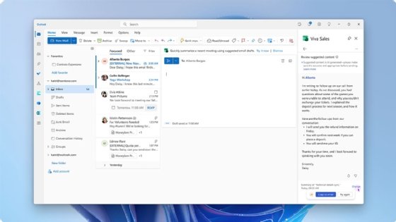 Screenshot showing one of Copilot's AI-powered tools, which summarizes Teams meeting takeaways in an email to a participant. This capability is available in Dynamics 365 Sales and Viva Sales.