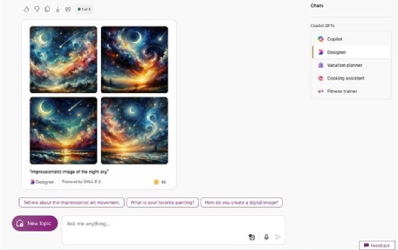 A screenshot of Copilot showing its ability to generate images.
