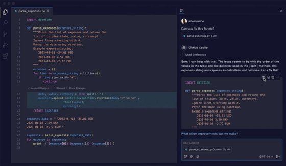 Screenshot of GitHub Copilot offering code fixes to a user