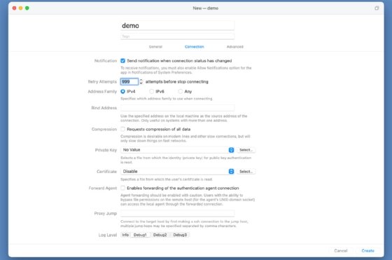 Screenshot of the connection configuration pane in Core Shell.