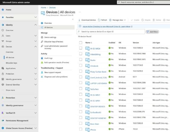 The interface for the Intune dashboard of managed devices with associated device data.