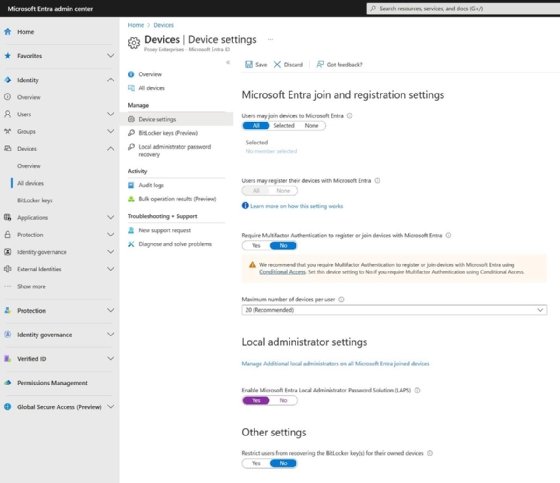 The device setting section of the Intune Devices tab showing Microsoft Entra configuration options.