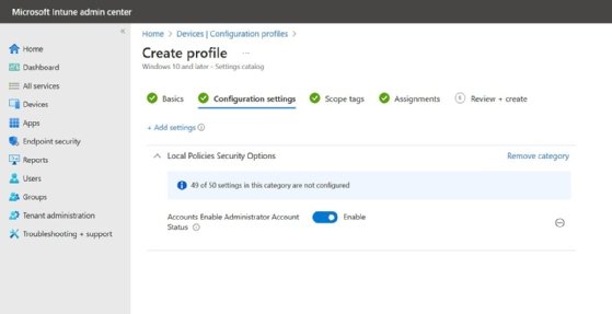 The Accounts Enable Administrator Account Status toggle set to enable, which is required for Windows LAPS.