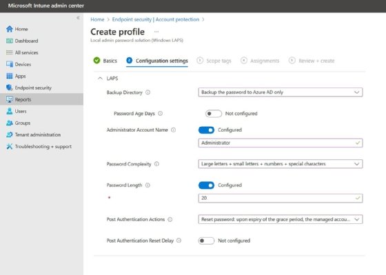 The configuration settings for the local admin account on an Intune-enrolled Windows desktop.