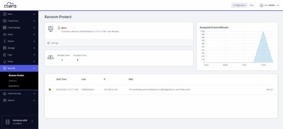 The new Ransom Protect dashboard within the Ctera console showing alerts and logged events.