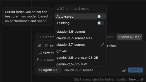 Screenshot of Cursor AI interface showing dropdown options for autoselect and multiple 