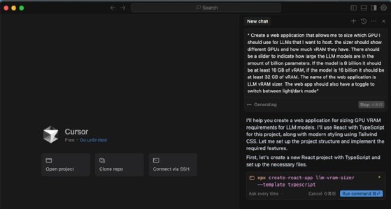 Screenshot of Cursor AI interface showing chatbot interface with user input requesting web app creation.