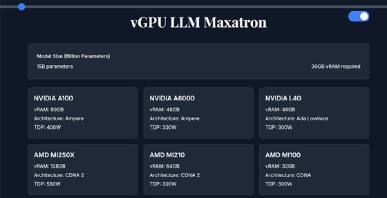 Screenshot of Cursor AI's resulting web application, LLM sizer, with a more readable, well-designed format.