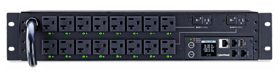 Image shows a CyberPower monitored PDU that has 16 output receptacles on the front. 