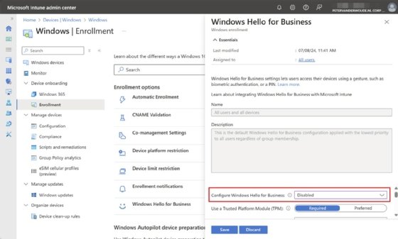 A screenshot showing an overview of disabling Windows Hello for Business using the enrollment option.