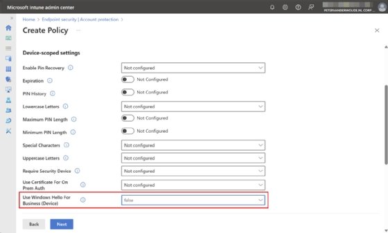 A screenshot showing an overview of disabling Windows Hello for Business via an Account Protection profile.