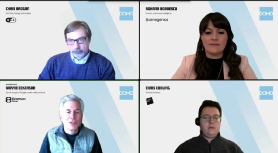 Roxana Boboescu (top right), director of business intelligence at Cenegenics, takes part in a panel discussion during a virtual user conference.
