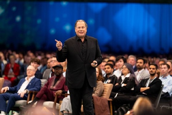 Photo of Salesforce's Marc Benioff delivering Dreamforce 2025 keynote