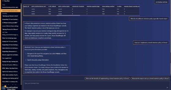 A view of the conversational interaction for Druva's generative AI, Dru.