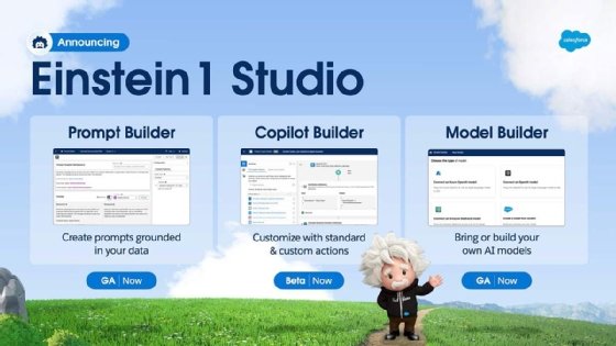 Infographic showing the tools included in Einstein 1 Studio: Prompt Builder, Copilot Builder and Model Builder.
