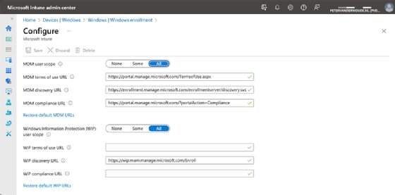 Intune admin center window showing MDM automatic enrollment scope options.