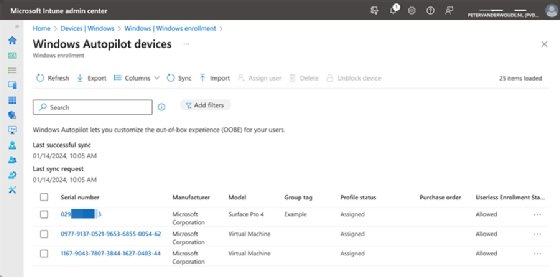 Alt text: Intune admin center page listing registered Windows Autopilot devices.