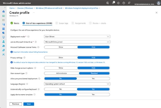 Intune admin center page showing Windows Autopilot deployment profile settings.