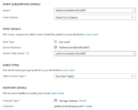 Screenshot of event subscription details