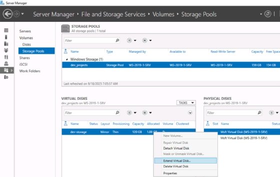 Screenshot of the Virtual Disk pane in Windows Server Manager showing where to locate the Extend Virtual Disk button.